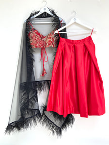Crimson red duchess satin lehenga skirt combinations