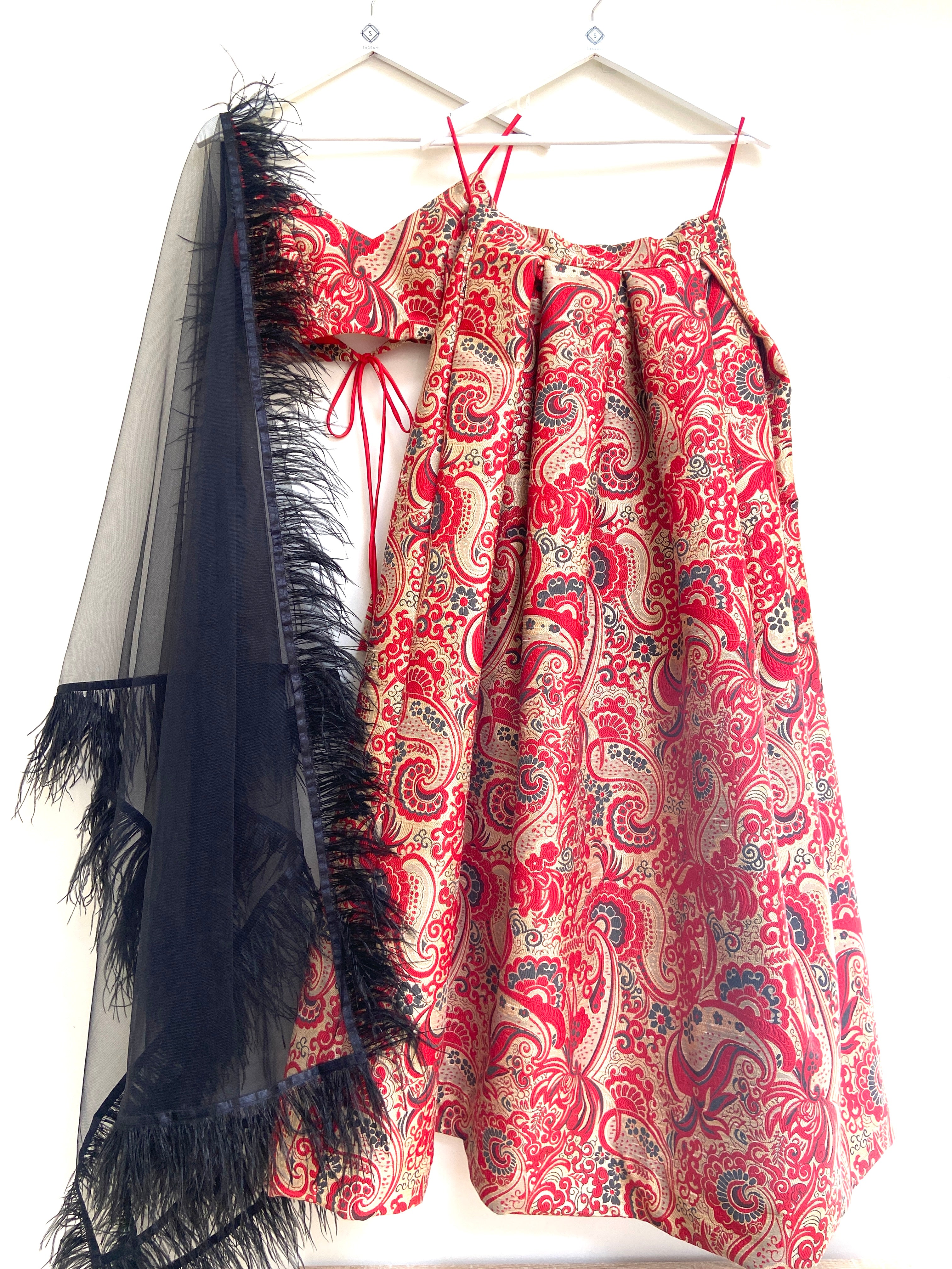 Ambi red lehenga skirt and bralette with choice of dupatta