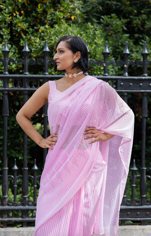 Pink pre-pleated sequin sari